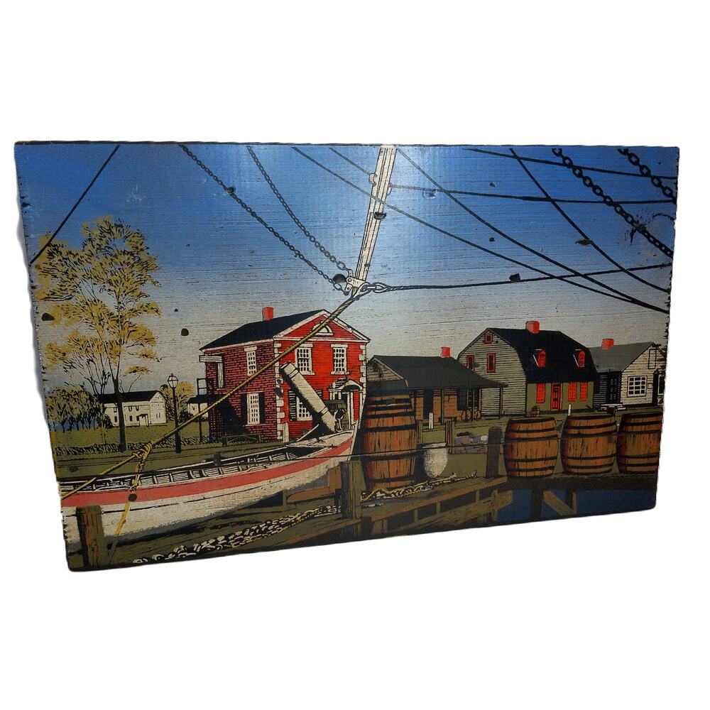 Vintage George Nathan New England Harbor Scene Wood Plaque Nautical